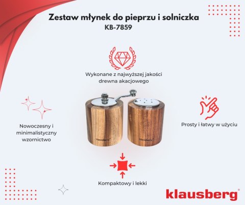 Młynek do pieprzu z solniczką - zestaw, drewno akacjowe, ceramiczny mechanizm, klausberg, kb-7859