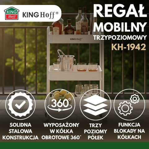 Regał mobilny trzy­poziomowy, biały, stalowy wózek z kółkami 360°, kinghoff, kh-1942