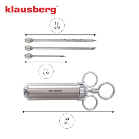 Strzykawka do marynowania mięsa, zestaw z 3 igłami i akcesoriami, stal nierdzewna, 60 ml, klausberg, kb-7842