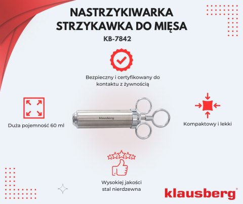 Strzykawka do marynowania mięsa, zestaw z 3 igłami i akcesoriami, stal nierdzewna, 60 ml, klausberg, kb-7842