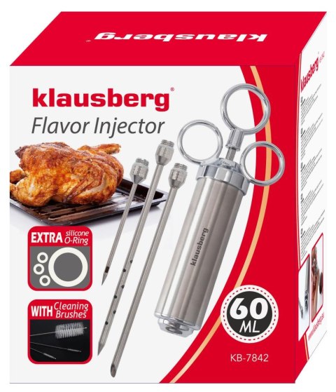 Strzykawka do marynowania mięsa, zestaw z 3 igłami i akcesoriami, stal nierdzewna, 60 ml, klausberg, kb-7842