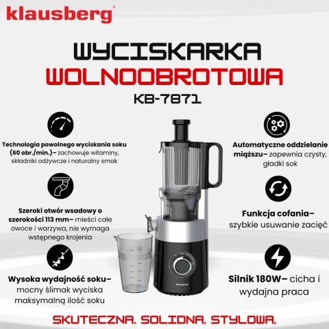 Wyciskarka wolnoobrotowa do owoców i warzyw, pionowa, czarna, 180w, klausberg, kb-7871