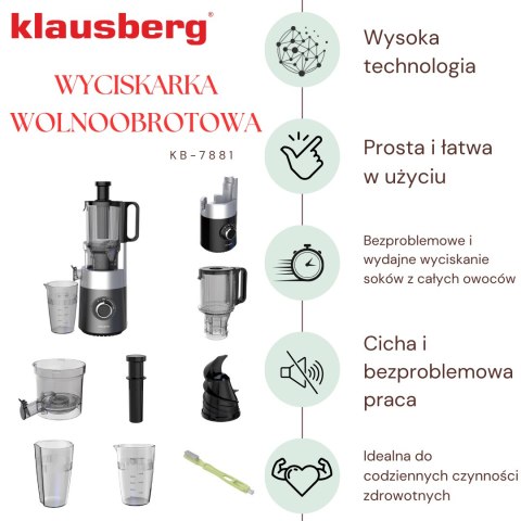 Wyciskarka wolnoobrotowa do owoców i warzyw, pionowa, szara, 180w, klausberg, kb-7881