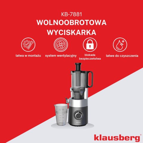 Wyciskarka wolnoobrotowa do owoców i warzyw, pionowa, szara, 180w, klausberg, kb-7881