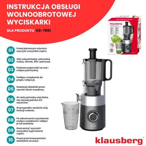 Wyciskarka wolnoobrotowa do owoców i warzyw, pionowa, szara, 180w, klausberg, kb-7881