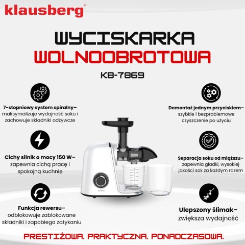 Wyciskarka wolnoobrotowa do owoców i warzyw, pozioma, biała, 150w, klausberg kb-7869