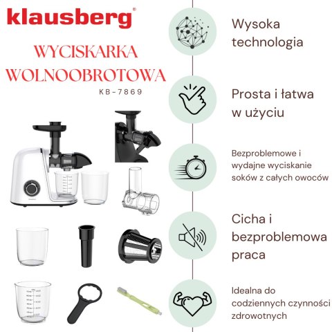 Wyciskarka wolnoobrotowa do owoców i warzyw, pozioma, biała, 150w, klausberg kb-7869