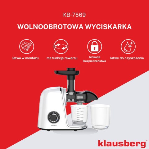 Wyciskarka wolnoobrotowa do owoców i warzyw, pozioma, biała, 150w, klausberg kb-7869