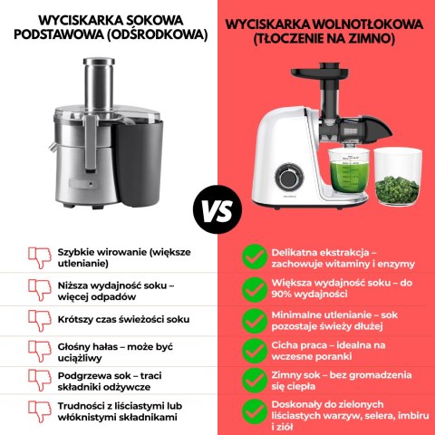Wyciskarka wolnoobrotowa do owoców i warzyw, pozioma, biała, 150w, klausberg kb-7869