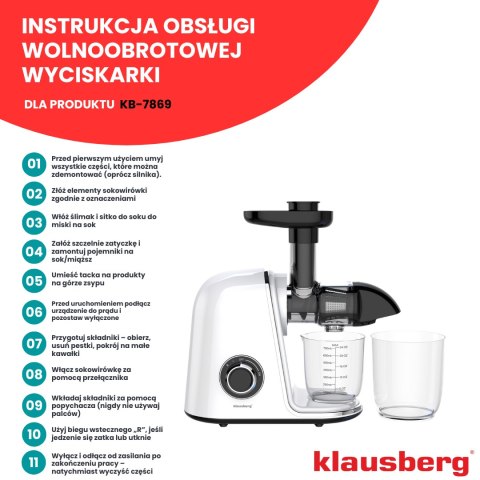 Wyciskarka wolnoobrotowa do owoców i warzyw, pozioma, biała, 150w, klausberg kb-7869