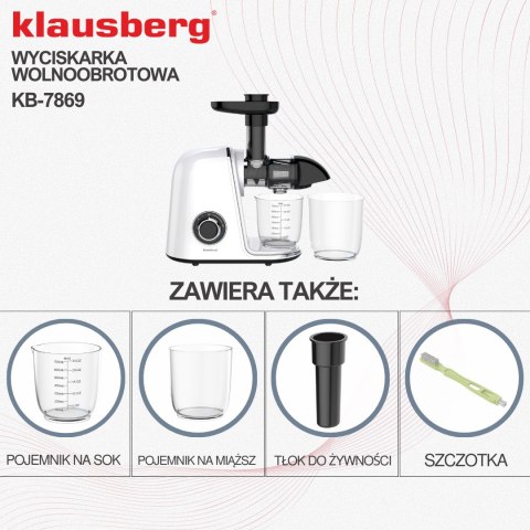 Wyciskarka wolnoobrotowa do owoców i warzyw, pozioma, biała, 150w, klausberg kb-7869