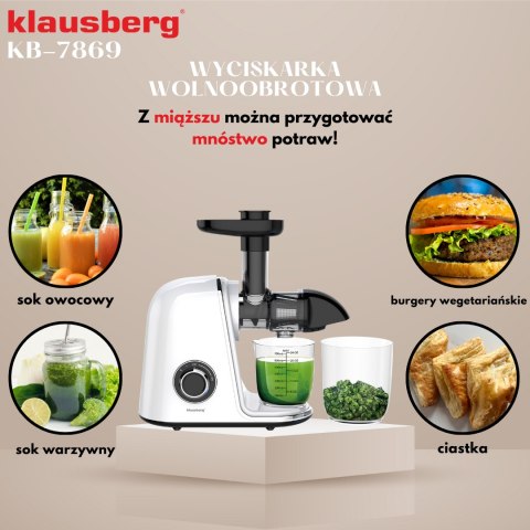 Wyciskarka wolnoobrotowa do owoców i warzyw, pozioma, biała, 150w, klausberg kb-7869