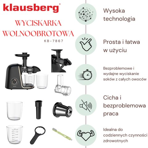 Wyciskarka wolnoobrotowa do owoców i warzyw, pozioma, czarna z elementami w kolorze różowego złota, 150w, klausberg, kb-7867