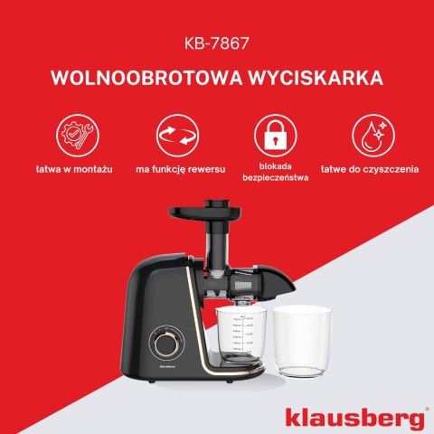 Wyciskarka wolnoobrotowa do owoców i warzyw, pozioma, czarna z elementami w kolorze różowego złota, 150w, klausberg, kb-7867