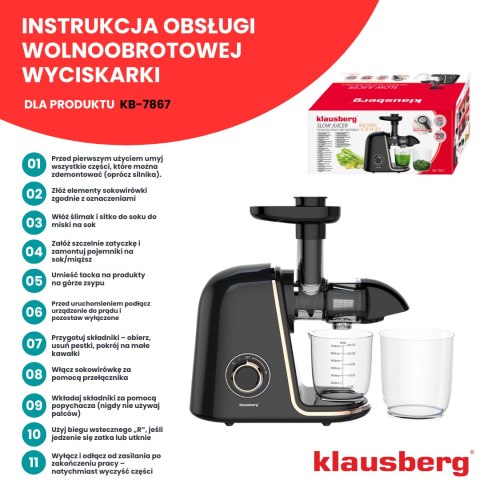 Wyciskarka wolnoobrotowa do owoców i warzyw, pozioma, czarna z elementami w kolorze różowego złota, 150w, klausberg, kb-7867