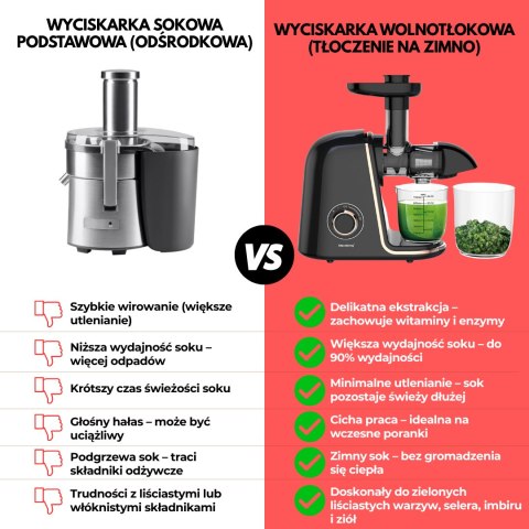 Wyciskarka wolnoobrotowa do owoców i warzyw, pozioma, czarna z elementami w kolorze różowego złota, 150w, klausberg, kb-7867