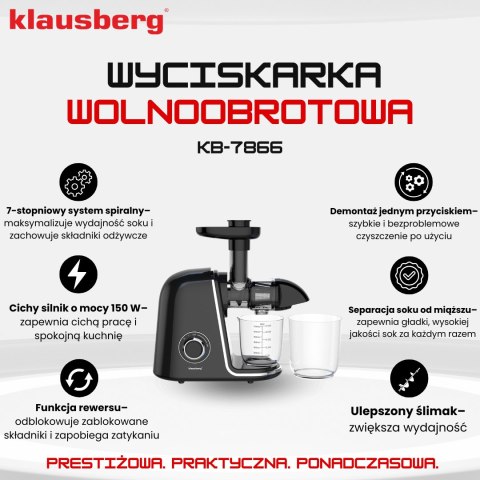 Wyciskarka wolnoobrotowa do owoców i warzyw, pozioma, czarna ze srebrnymi elementami , 150w, klausberg, kb-7866