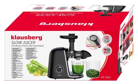 Wyciskarka wolnoobrotowa do owoców i warzyw, pozioma, czarna ze srebrnymi elementami , 150w, klausberg, kb-7866