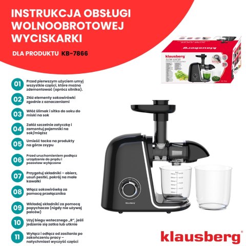 Wyciskarka wolnoobrotowa do owoców i warzyw, pozioma, czarna ze srebrnymi elementami , 150w, klausberg, kb-7866