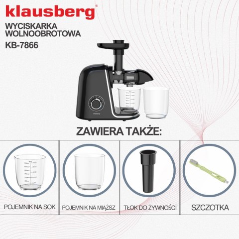 Wyciskarka wolnoobrotowa do owoców i warzyw, pozioma, czarna ze srebrnymi elementami , 150w, klausberg, kb-7866