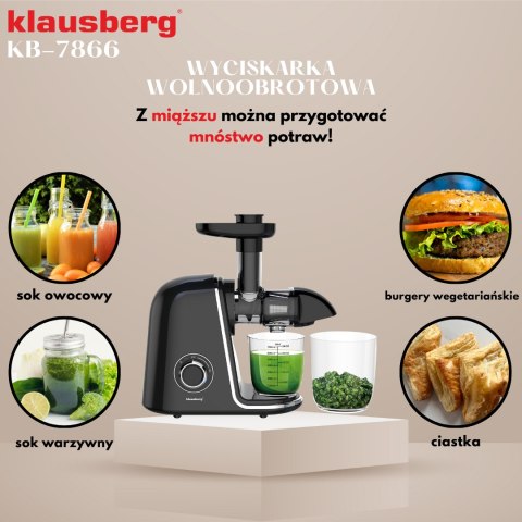 Wyciskarka wolnoobrotowa do owoców i warzyw, pozioma, czarna ze srebrnymi elementami , 150w, klausberg, kb-7866