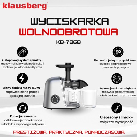 Wyciskarka wolnoobrotowa do owoców i warzyw, pozioma, szara, 150w, klausberg, kb-7868