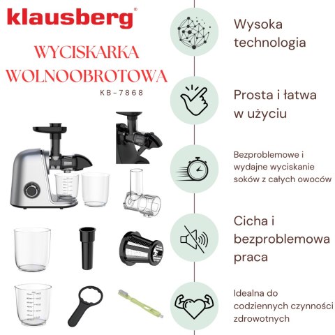 Wyciskarka wolnoobrotowa do owoców i warzyw, pozioma, szara, 150w, klausberg, kb-7868