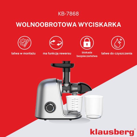 Wyciskarka wolnoobrotowa do owoców i warzyw, pozioma, szara, 150w, klausberg, kb-7868
