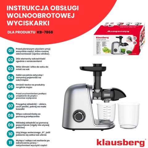 Wyciskarka wolnoobrotowa do owoców i warzyw, pozioma, szara, 150w, klausberg, kb-7868