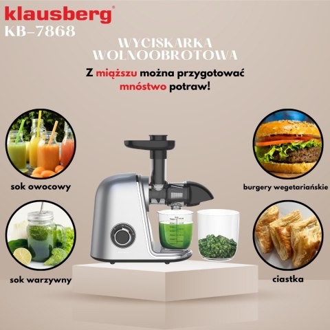 Wyciskarka wolnoobrotowa do owoców i warzyw, pozioma, szara, 150w, klausberg, kb-7868