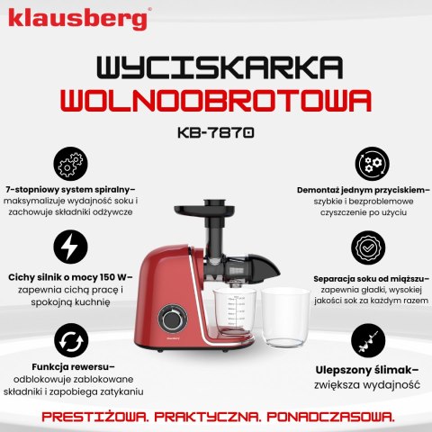 Wyciskarka wolnoobrotowa do owoców i warzyw, pozioma, wiśniowa czerwień, 150w, klausberg kb-7870