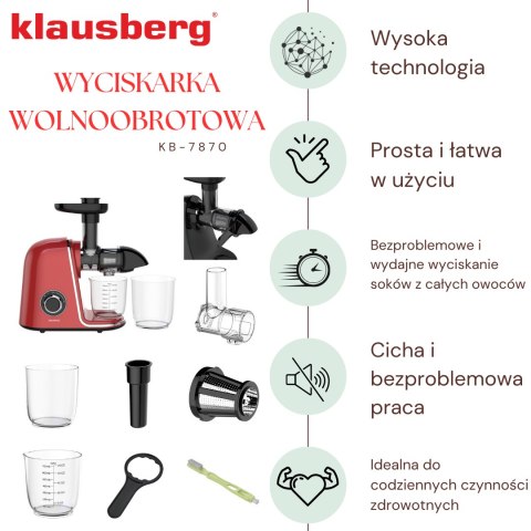 Wyciskarka wolnoobrotowa do owoców i warzyw, pozioma, wiśniowa czerwień, 150w, klausberg kb-7870
