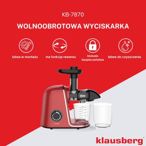 Wyciskarka wolnoobrotowa do owoców i warzyw, pozioma, wiśniowa czerwień, 150w, klausberg kb-7870