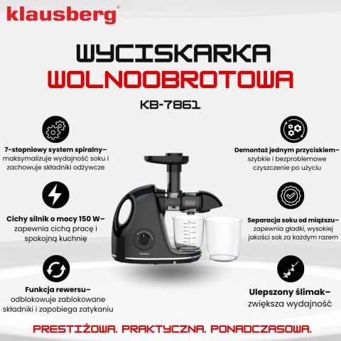 Wyciskarka wolnoobrotowa do owoców i warzyw, pozioma z uchwytem, 150w, czarna, klausberg, kb-7861