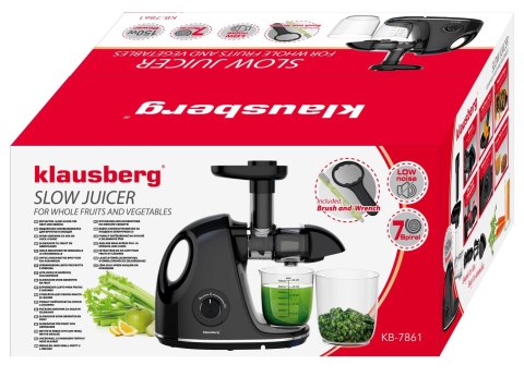 Wyciskarka wolnoobrotowa do owoców i warzyw, pozioma z uchwytem, 150w, czarna, klausberg, kb-7861