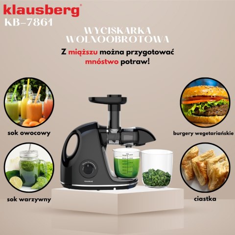 Wyciskarka wolnoobrotowa do owoców i warzyw, pozioma z uchwytem, 150w, czarna, klausberg, kb-7861