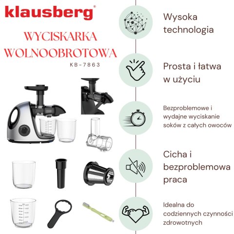 Wyciskarka wolnoobrotowa do owoców i warzyw, pozioma z uchwytem, 150w, szara, klausberg, kb-7863