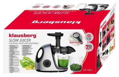 Wyciskarka wolnoobrotowa do owoców i warzyw, pozioma z uchwytem, 150w, szara, klausberg, kb-7863