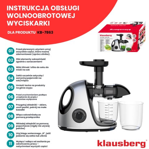 Wyciskarka wolnoobrotowa do owoców i warzyw, pozioma z uchwytem, 150w, szara, klausberg, kb-7863