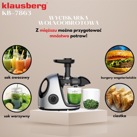 Wyciskarka wolnoobrotowa do owoców i warzyw, pozioma z uchwytem, 150w, szara, klausberg, kb-7863