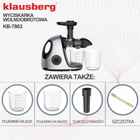 Wyciskarka wolnoobrotowa do owoców i warzyw, pozioma z uchwytem, 150w, szara, klausberg, kb-7863