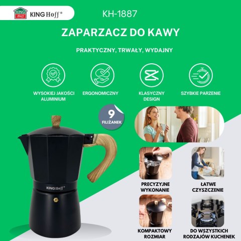 Zaparzacz do kawy espresso, aluminium, 9 filiżanek, czarny/drewnopodobny, kinghoff, kh-1887