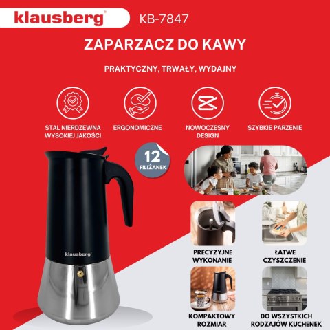 Zaparzacz do kawy espresso, stal nierdzewna, 12 filiżanek, czarny/srebrny, klausberg, kb-7847