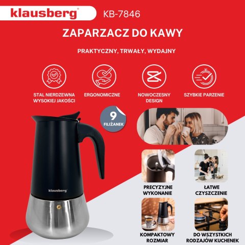 Zaparzacz do kawy espresso, stal nierdzewna, 9 filiżanek, czarna/srebrna, klausberg, kb-7846