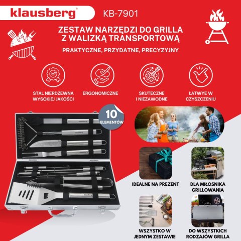 Zestaw do grillowania, 10 elementów w walizce, stal nierdzewna, klausberg, kb-7901