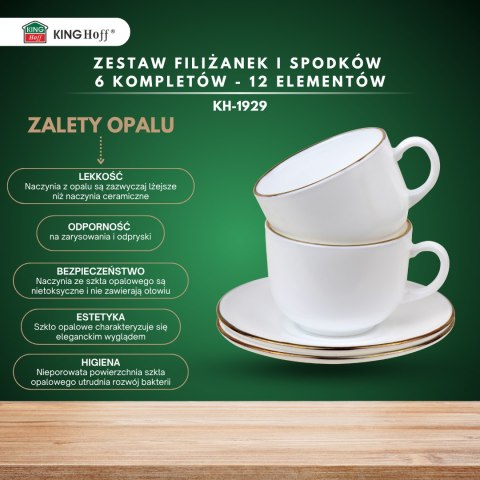 Zestaw filiżanek, 12 el., okrągłę, opal, biały ze złotemi, kinghoff, kh-1929