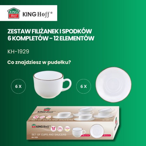 Zestaw filiżanek, 12 el., okrągłę, opal, biały ze złotemi, kinghoff, kh-1929