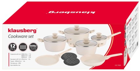 Zestaw garnków, 12 elementów, aluminium z powłoką markurkową, kremowe, klausberg, kb-7884