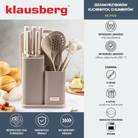 Zestaw noży i przyborów kuchennych z deską, 12 elementów, kolor beżowy, klausberg, kb-7935