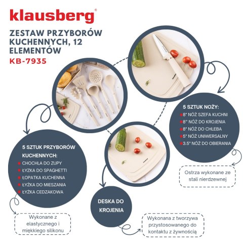 Zestaw noży i przyborów kuchennych z deską, 12 elementów, kolor beżowy, klausberg, kb-7935